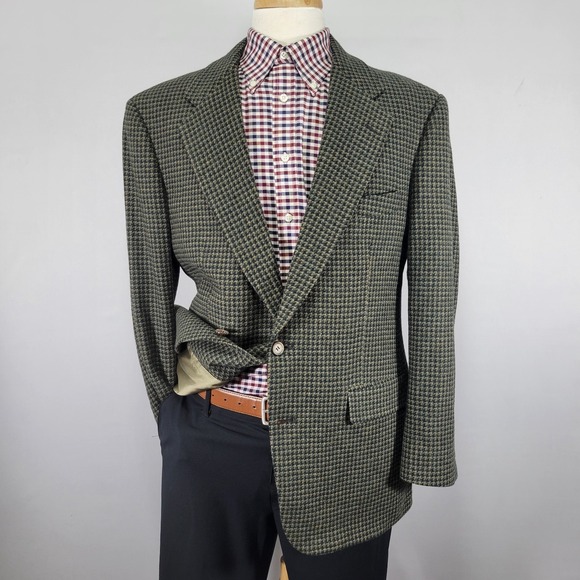 Evan Picone‎ Men's Tweed Sport Coat Blazer Two Button Green Houndstooth Wool 42R